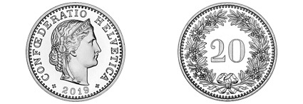 Vorder- und Rückseite einer 20-Rappen Münze