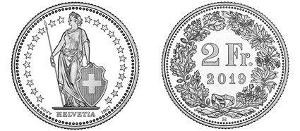Vorder- und Rückseite einer 2-Franken Münze